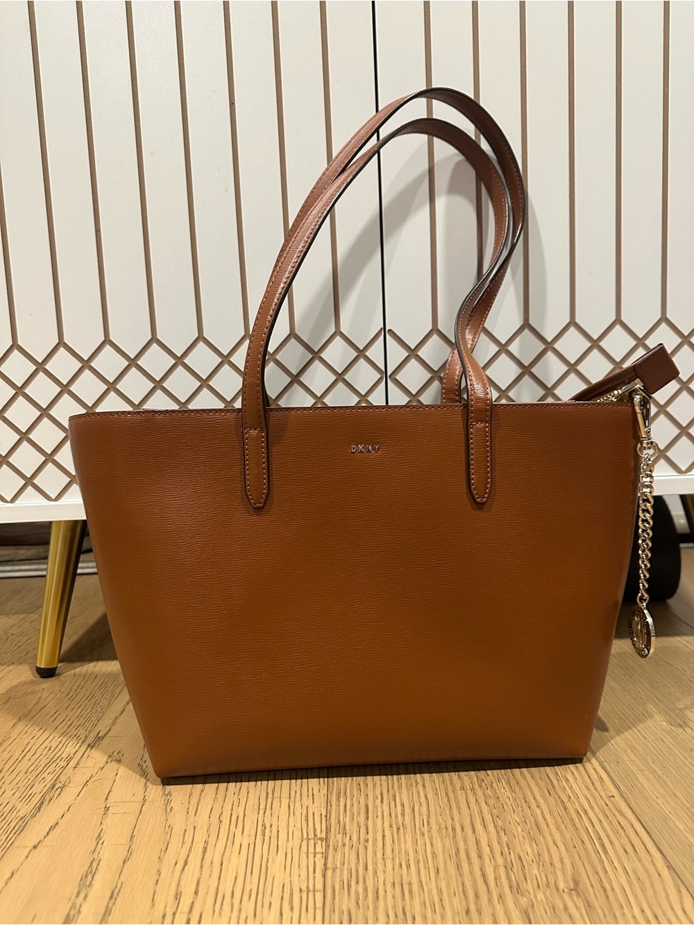 DKNY Cognac Brown Leather Tote with Gold Charm